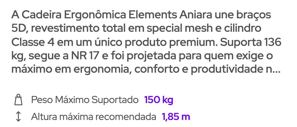 Recorte mostrando o resumo com Suporta 136 kg logo acima da faixa que diz Peso Máximo Suportado 150 kg