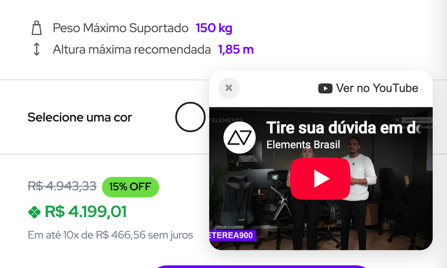 Recorte de evidência do achado 6: Um card de vídeo com z-index 100000 cobre o seletor de cor e leva o cupom de outra cadeira