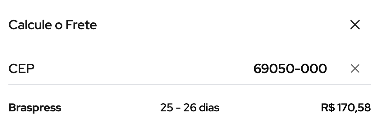 Calculadora de frete com CEP 69050-000 devolvendo Braspress, 25 a 26 dias, R$ 170,58