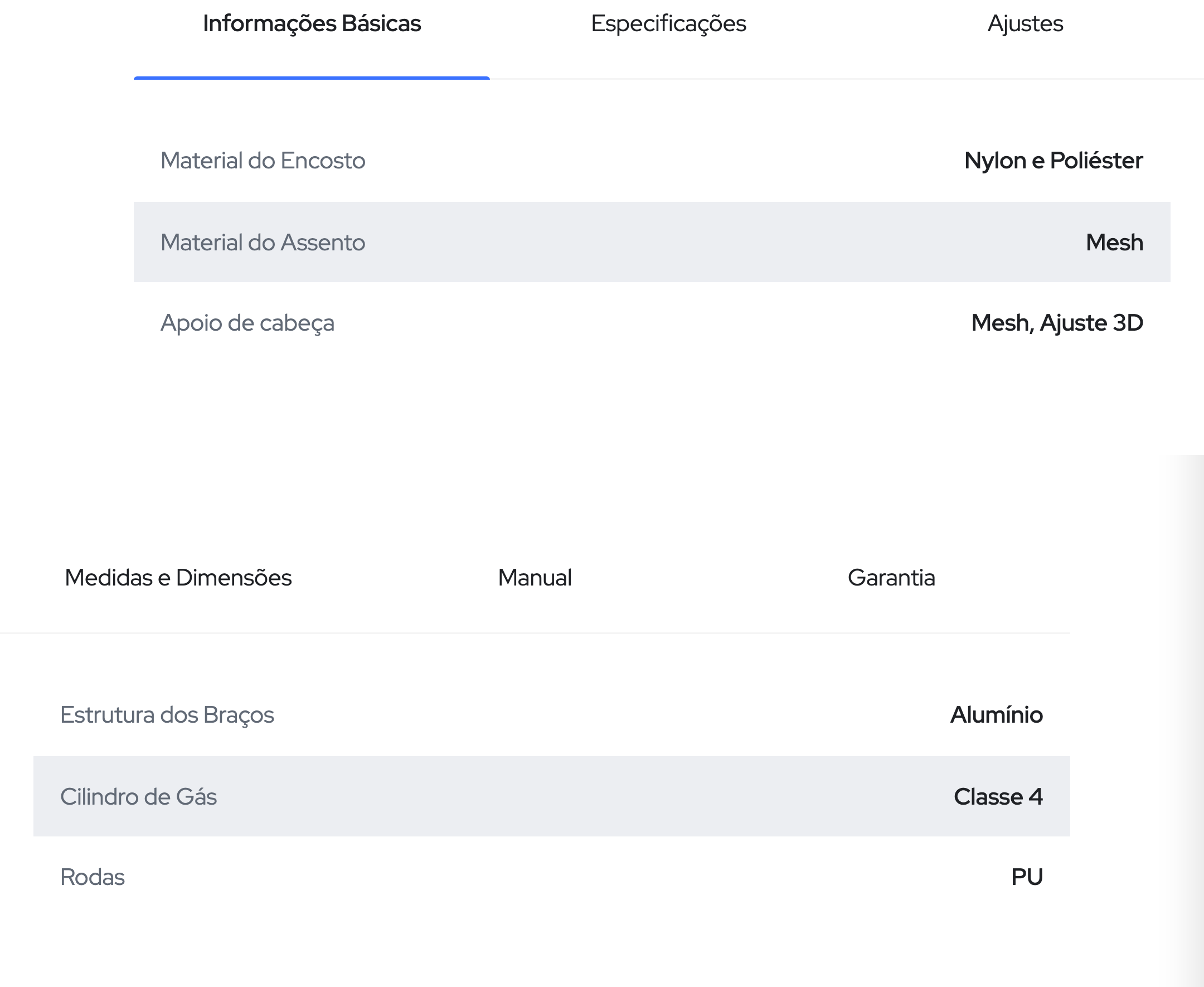 Aba Informações Básicas: Material do Encosto Nylon e Poliéster, Material do Assento Mesh, Apoio de cabeça Mesh Ajuste 3D, Estrutura dos Braços Alumínio