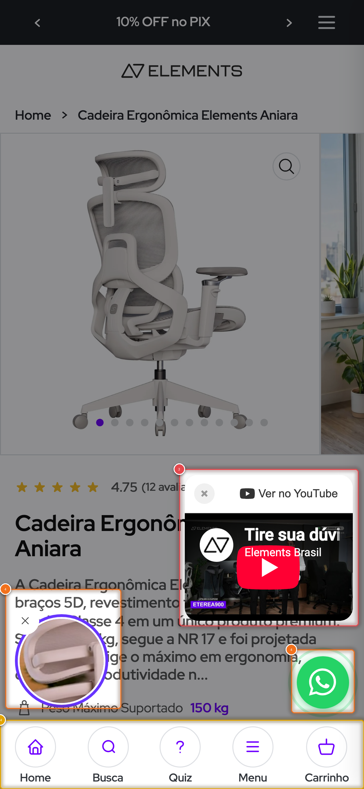 Primeira tela do celular com o card de vídeo cobrindo a nota e o título, mais a bolha de vídeo, o WhatsApp e a barra de navegação fixa