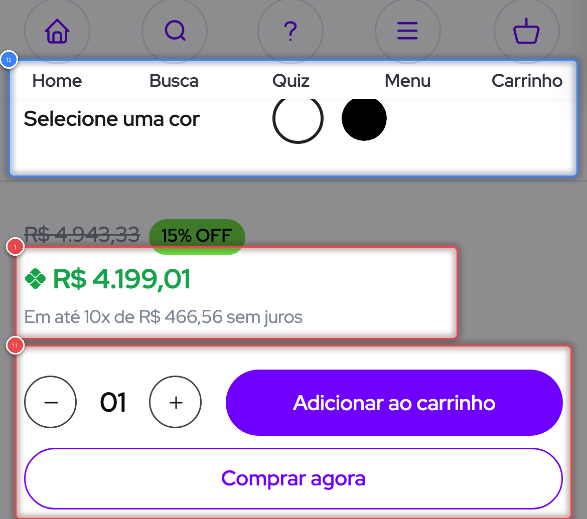 Recorte de evidência do achado 19: Nenhum preço, CTA ou selo de confiança na primeira tela do celular