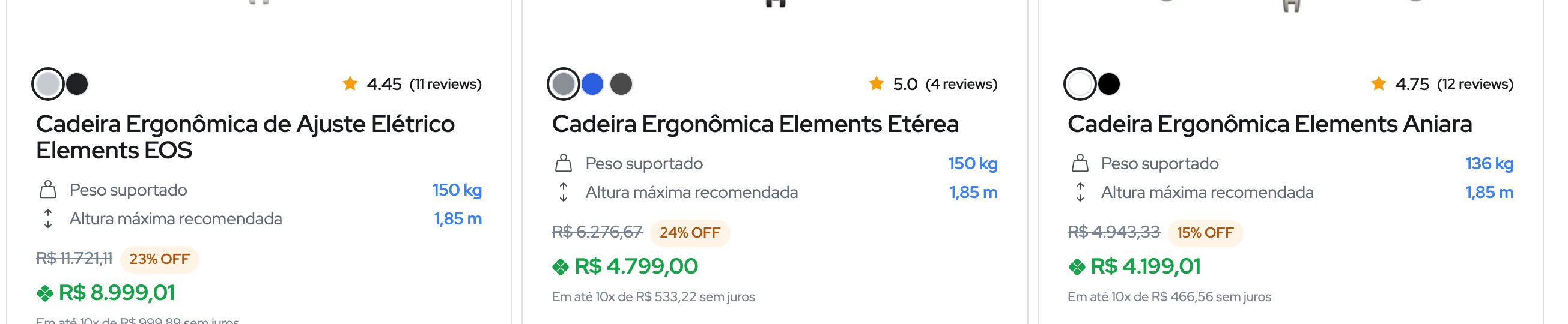 Os três primeiros cards da grade: EOS com 150 kg, Etérea com 150 kg e Aniara com 136 kg, com preços e selos de desconto