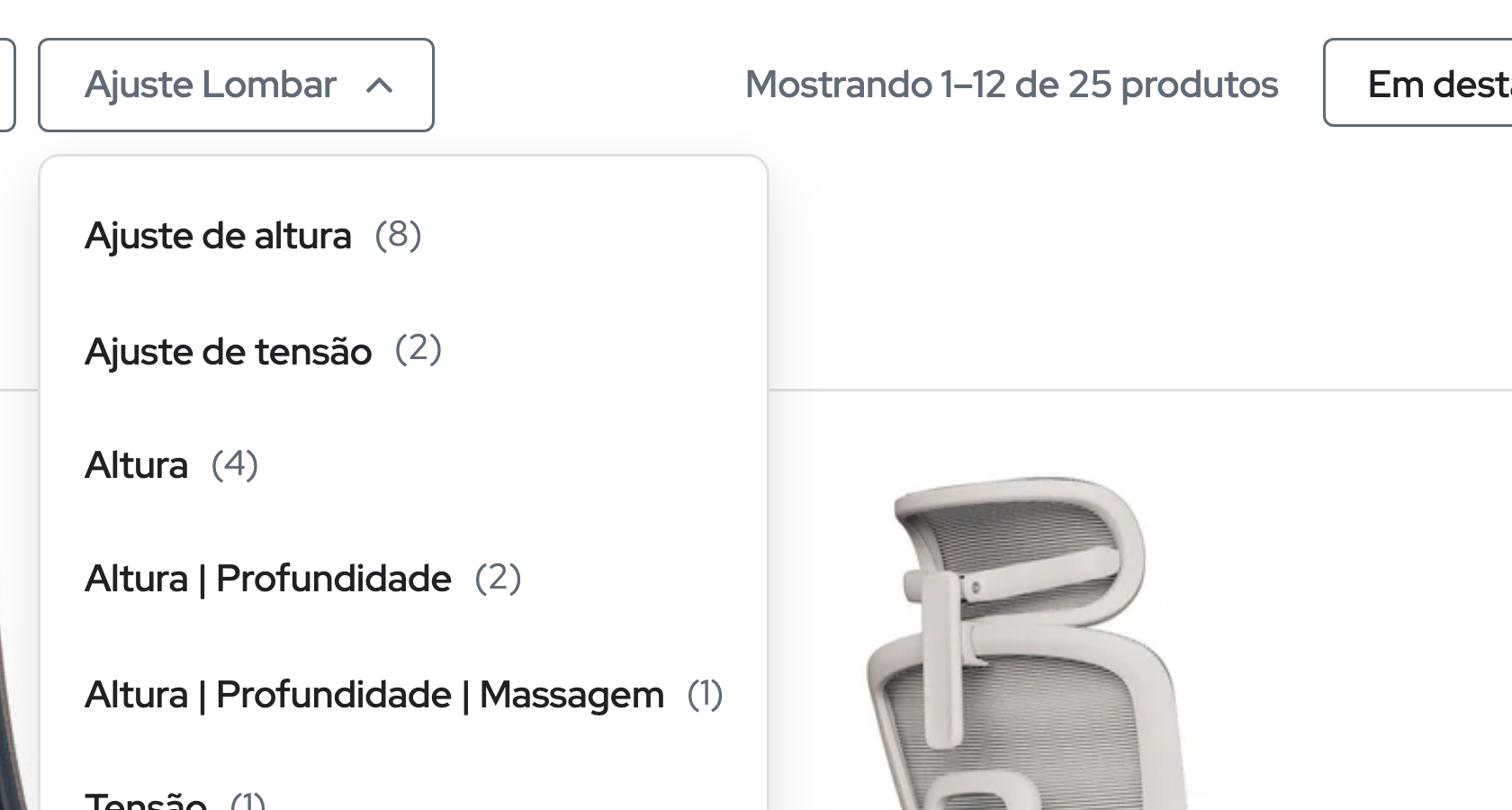 Evidência da dimensão Filtragem e ordenação