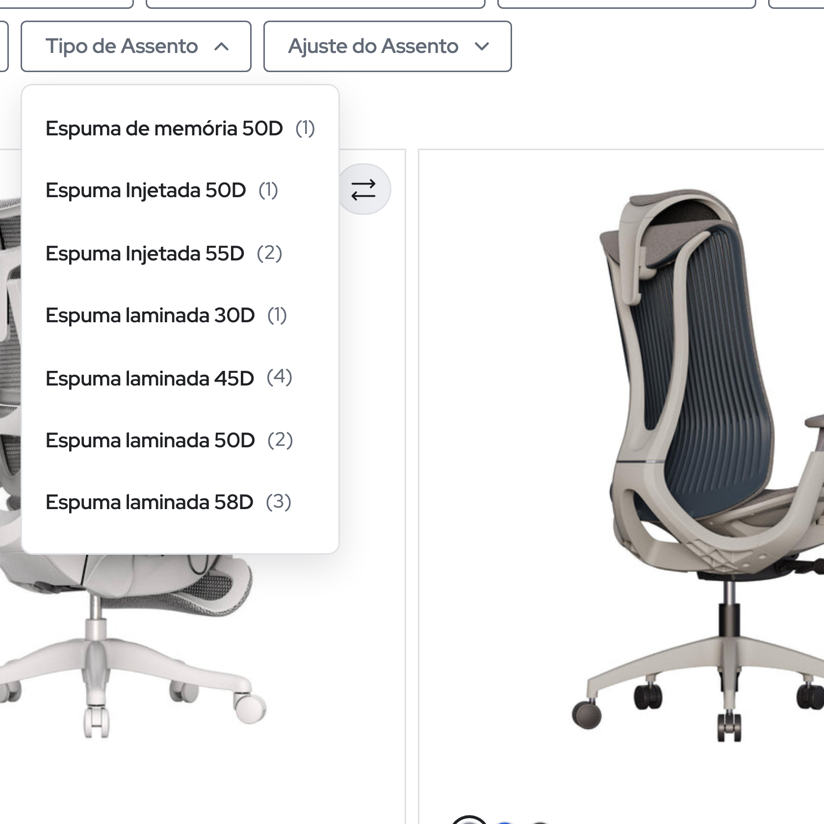 Recorte de evidência do achado 3: "Tipo de Assento" tem 14 opções para 25 produtos
