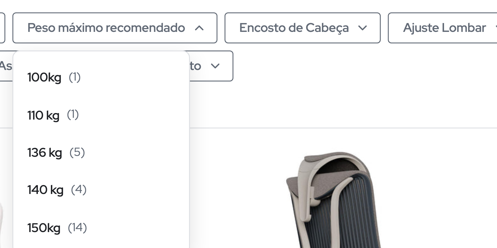Filtro Peso máximo recomendado com as opções 100kg, 110 kg, 136 kg, 140 kg e 150kg com 14 produtos