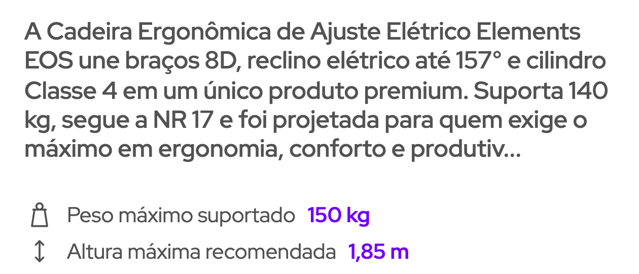 Recorte mostrando o resumo com Suporta 140 kg logo acima da faixa que diz Peso máximo suportado 150 kg
