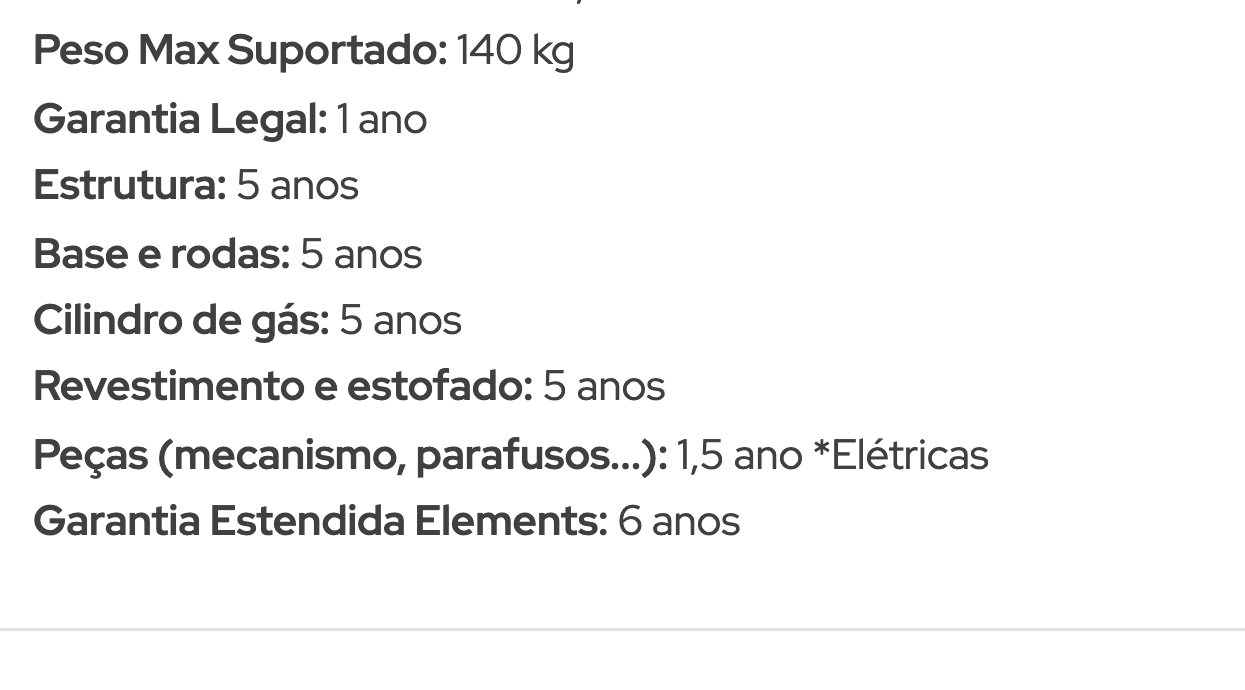 Recorte da ficha: Garantia Legal 1 ano, Estrutura 5 anos, Peças mecanismo parafusos 1,5 ano elétricas, Garantia Estendida Elements 6 anos