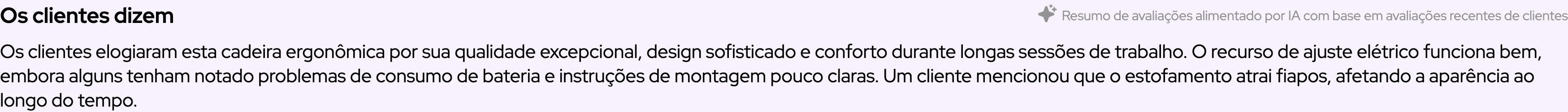 Recorte do bloco Os clientes dizem, resumo gerado por IA citando problemas de consumo de bateria, instruções de montagem pouco claras e estofamento que atrai fiapos