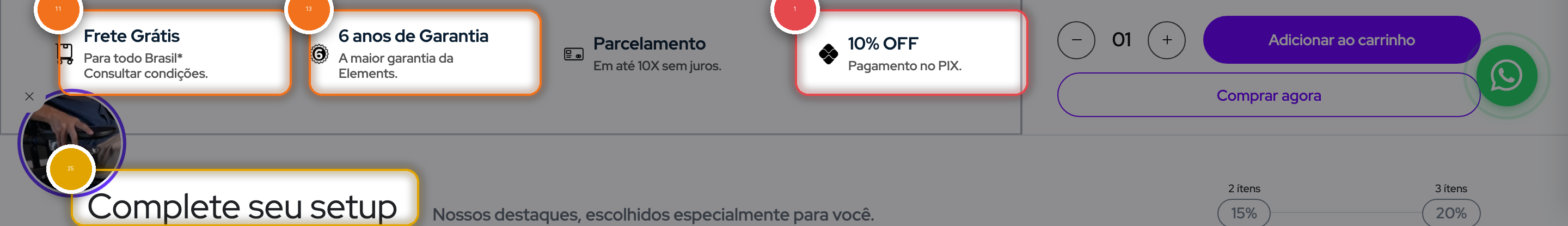 Faixa de quatro selos e início do bloco Complete seu setup, com quatro pinos numerados