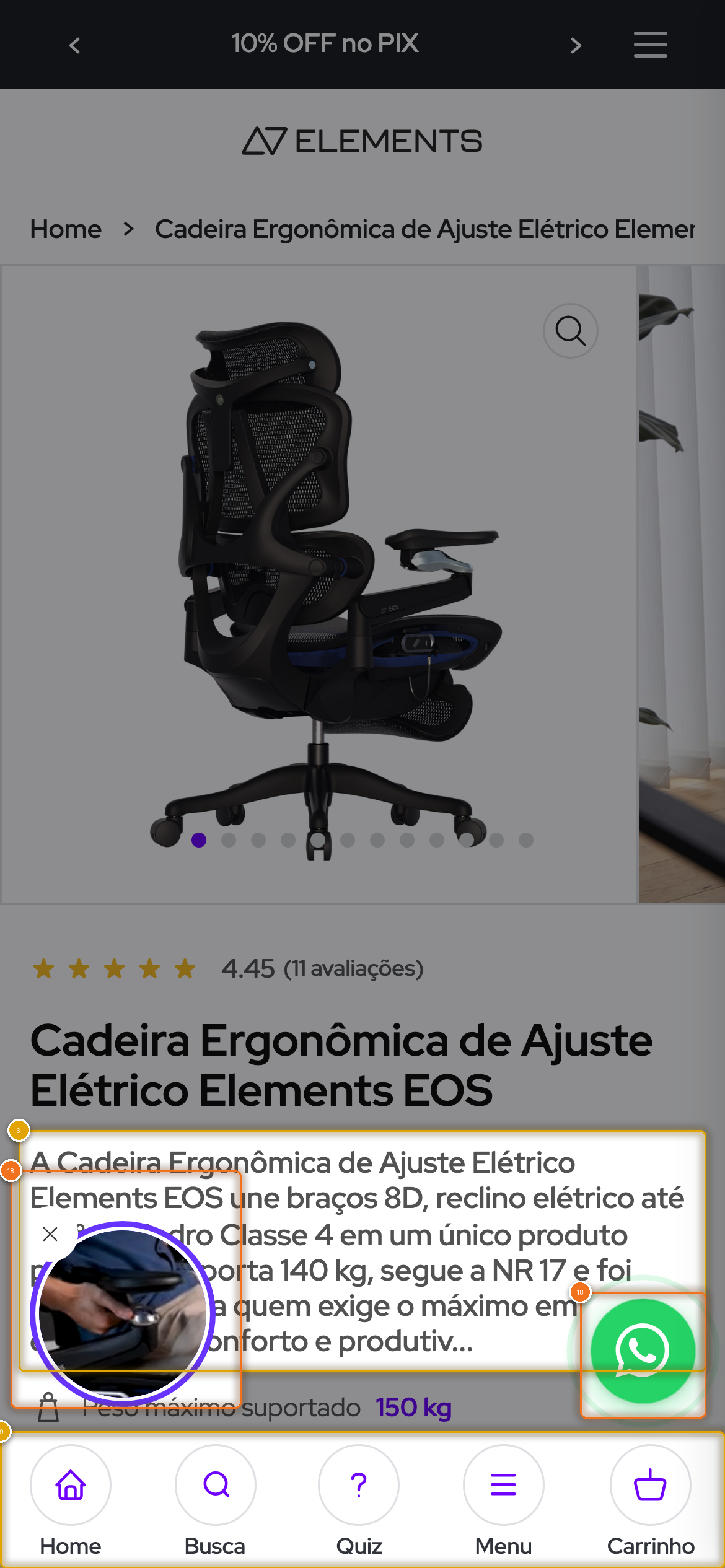 Primeira tela do celular com pinos numerados: o resumo do produto coberto pela bolha de vídeo e pelo botão de WhatsApp, e a barra de navegação fixa embaixo