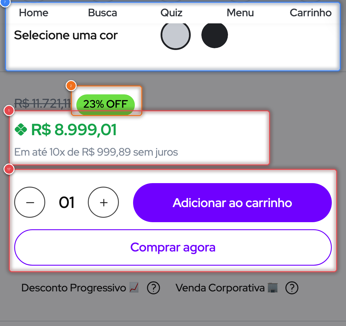 Recorte de evidência do achado 17: Nenhum preço, CTA ou selo de confiança na primeira tela do celular