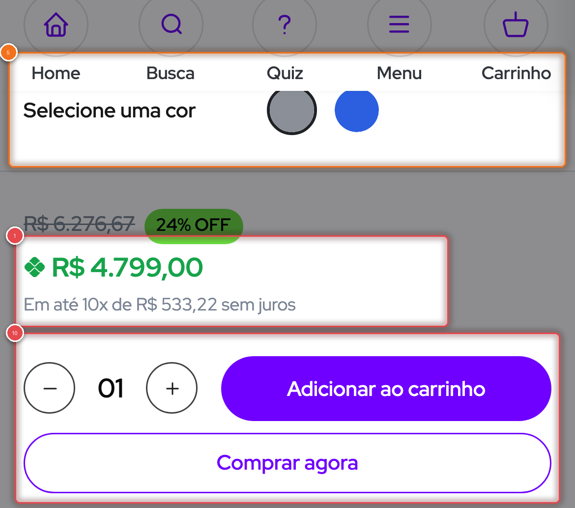 Recorte de evidência do achado 17: Nenhum preço, CTA ou selo de confiança na primeira tela do celular