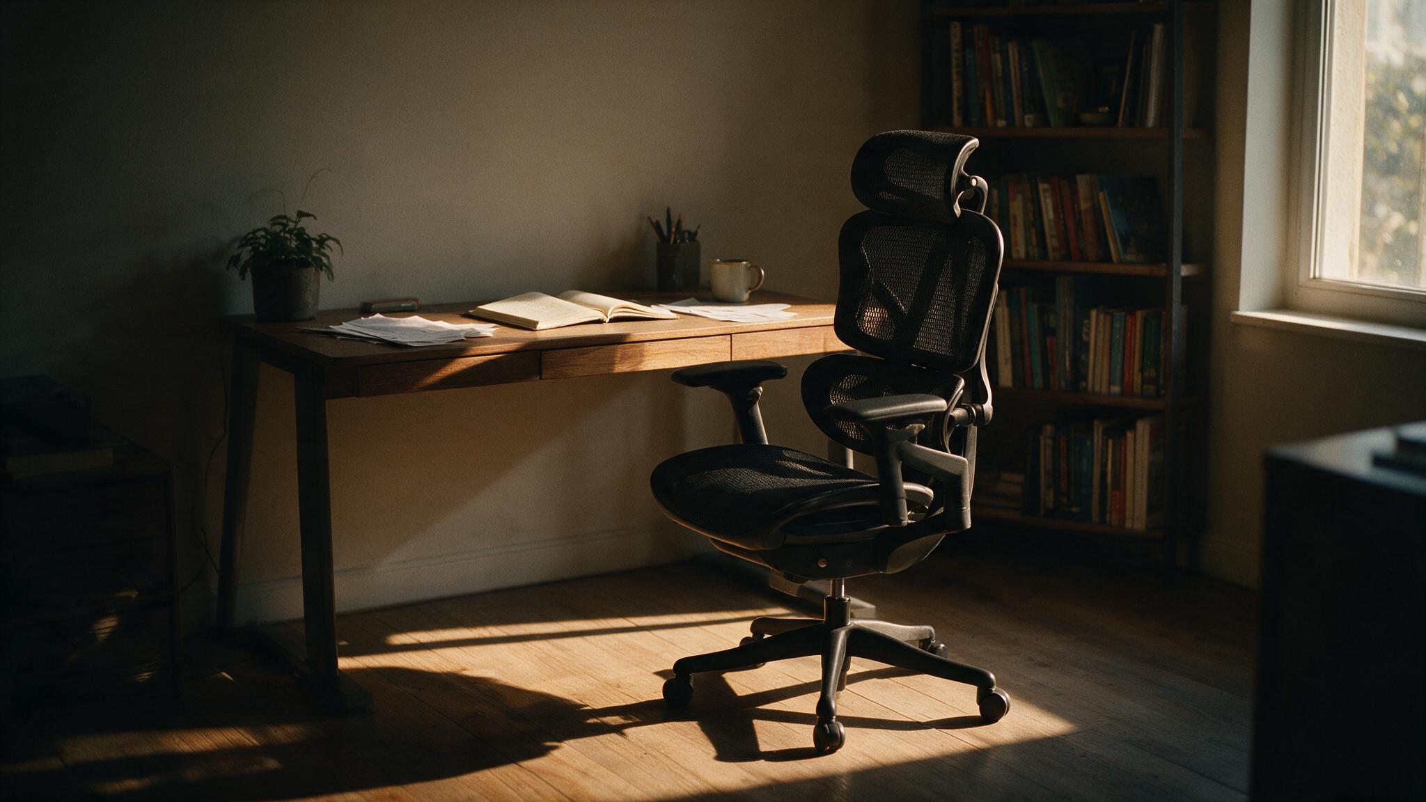 Sala de trabalho vazia com a cadeira EOS junto à mesa, luz da tarde na janela