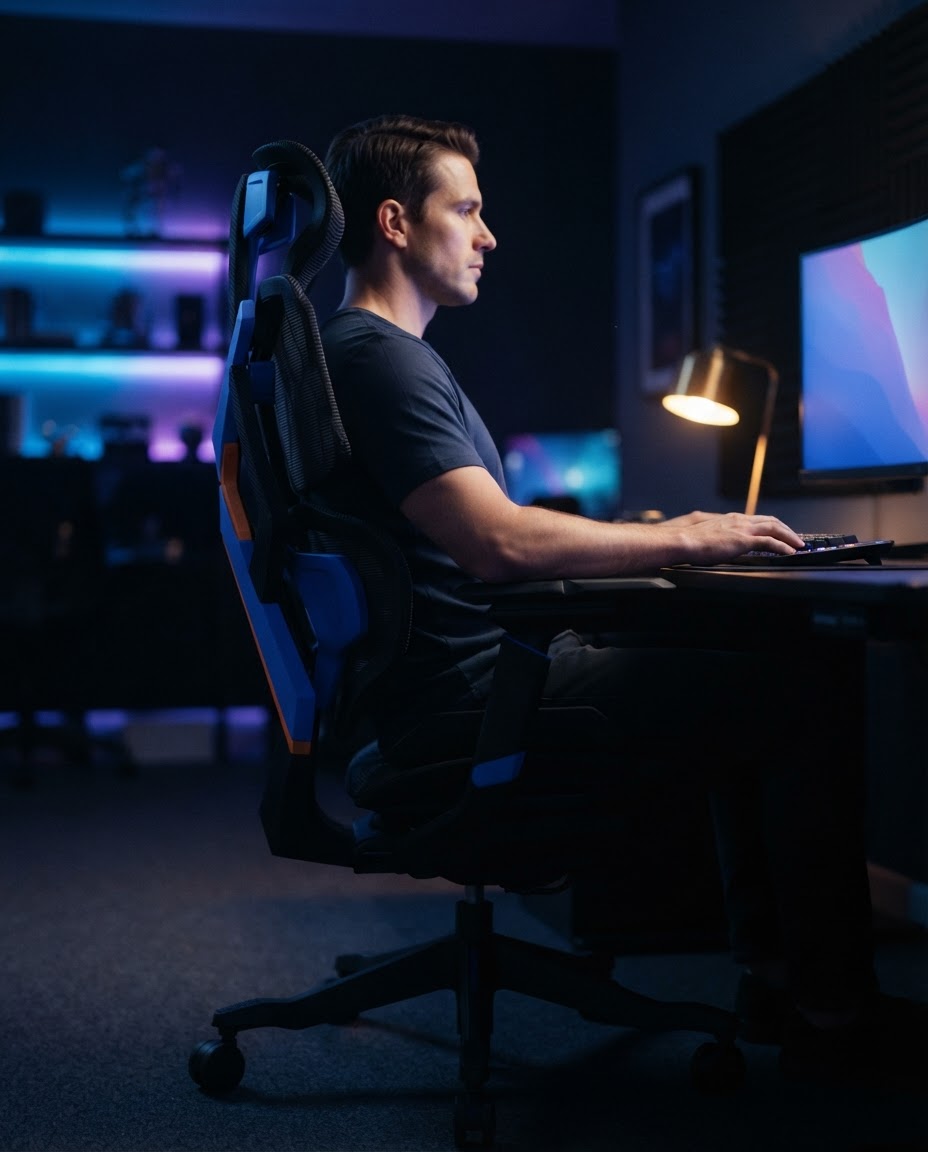 Jogador sentado na Vector, de perfil, com a coluna apoiada e o antebraço na altura da mesa