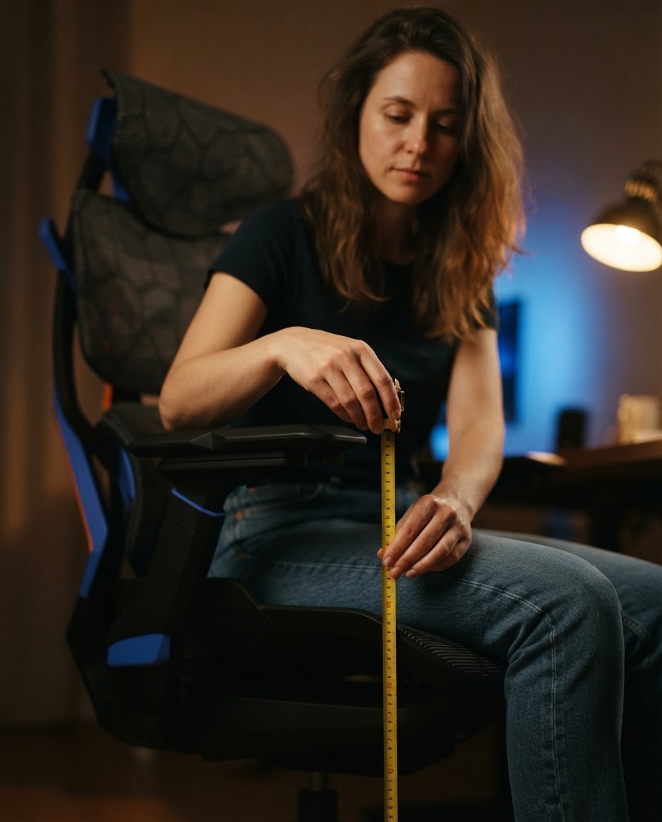 Mulher medindo a profundidade do assento da Vector com uma trena