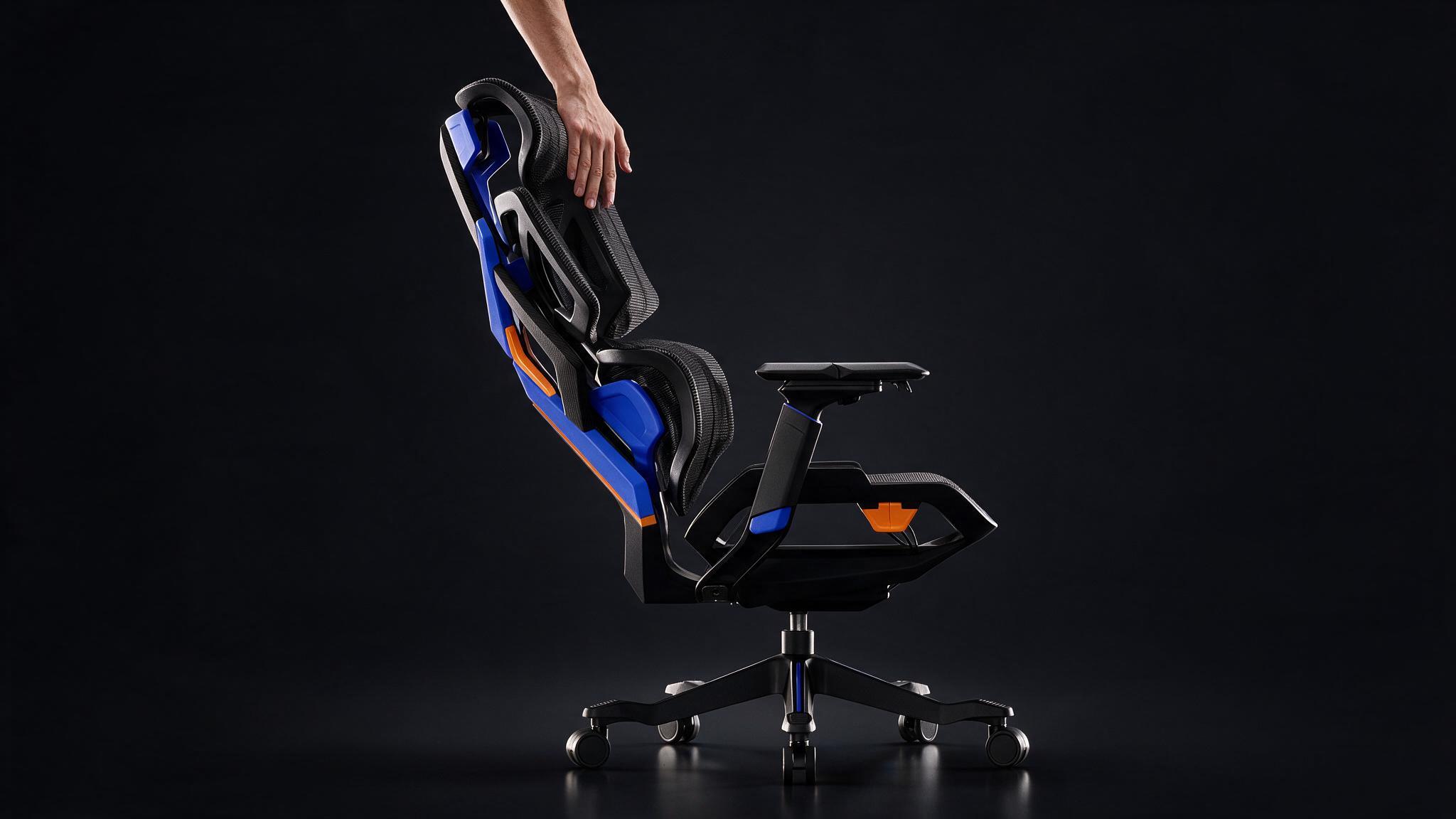 Cadeira Vector de perfil, com a mão no topo do encosto durante o reclino